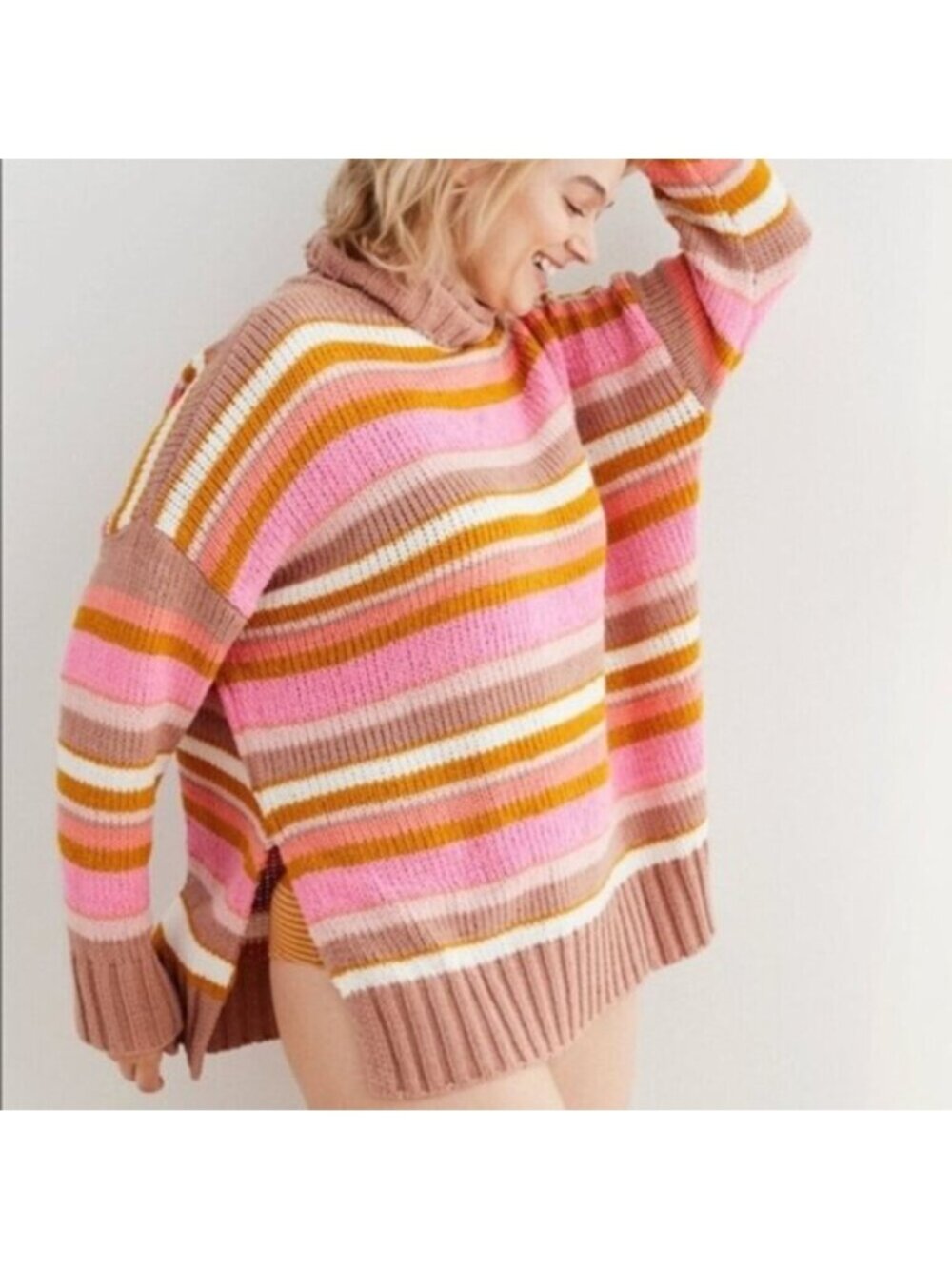 Aerie | Women's Pink Striped Chenille Oversized Turtleneck Sweater Size Small